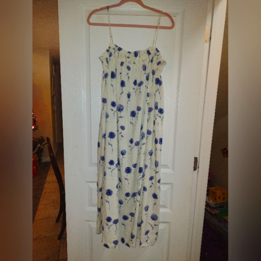 H&M Cream Colored w/ Blue Flowers Maxi Dress - Picture 2 of 4